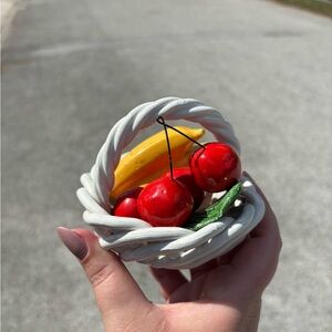 Vintage Mini Italian Ceramic Fruit Basket with Red Cherries and Yellow Banana